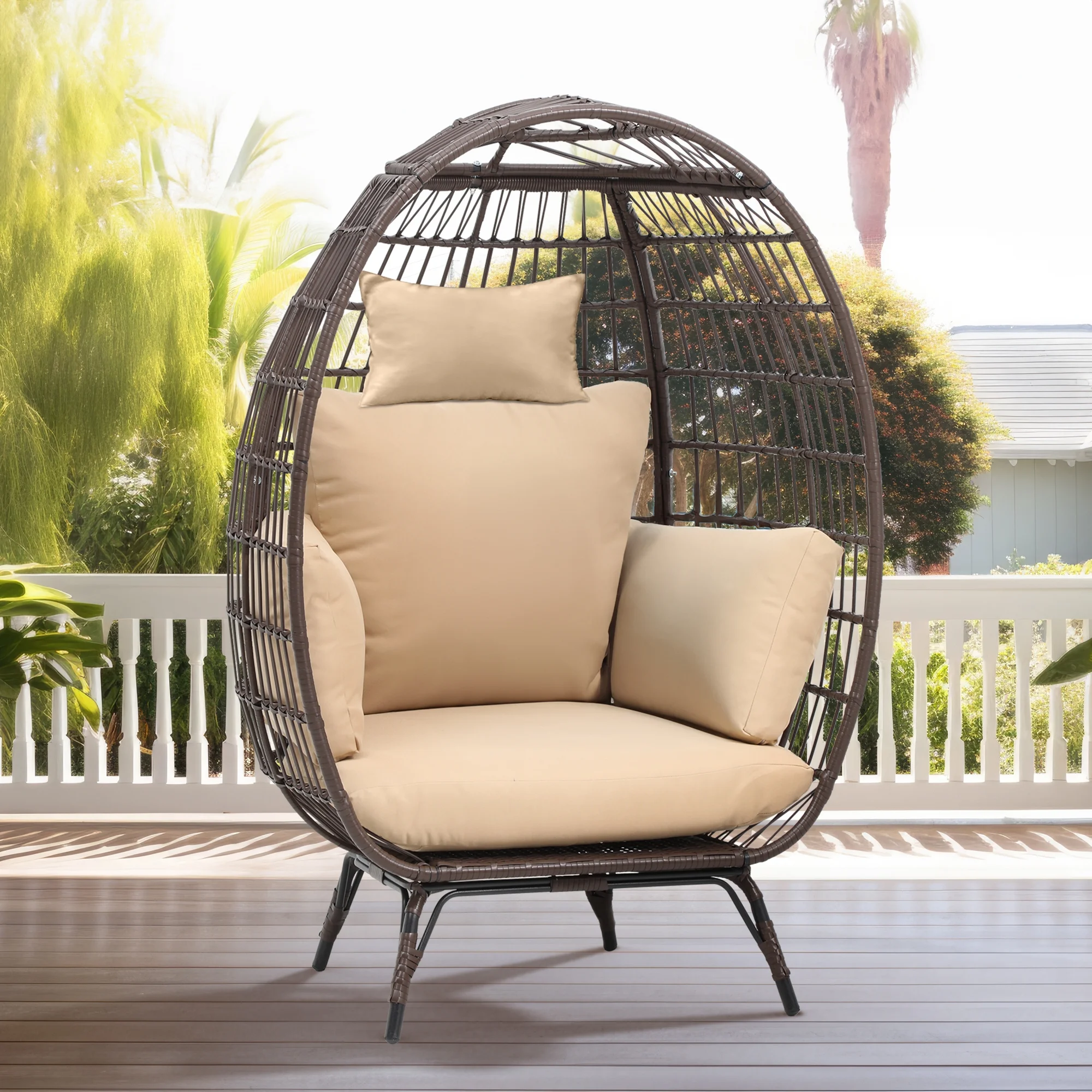 Dextrus Egg Chair Outdoor Egg Lounge Chair with Cushion Wicker Chair PE Rattan Chair for Patio, Garden, Backyard, Porch-Beige