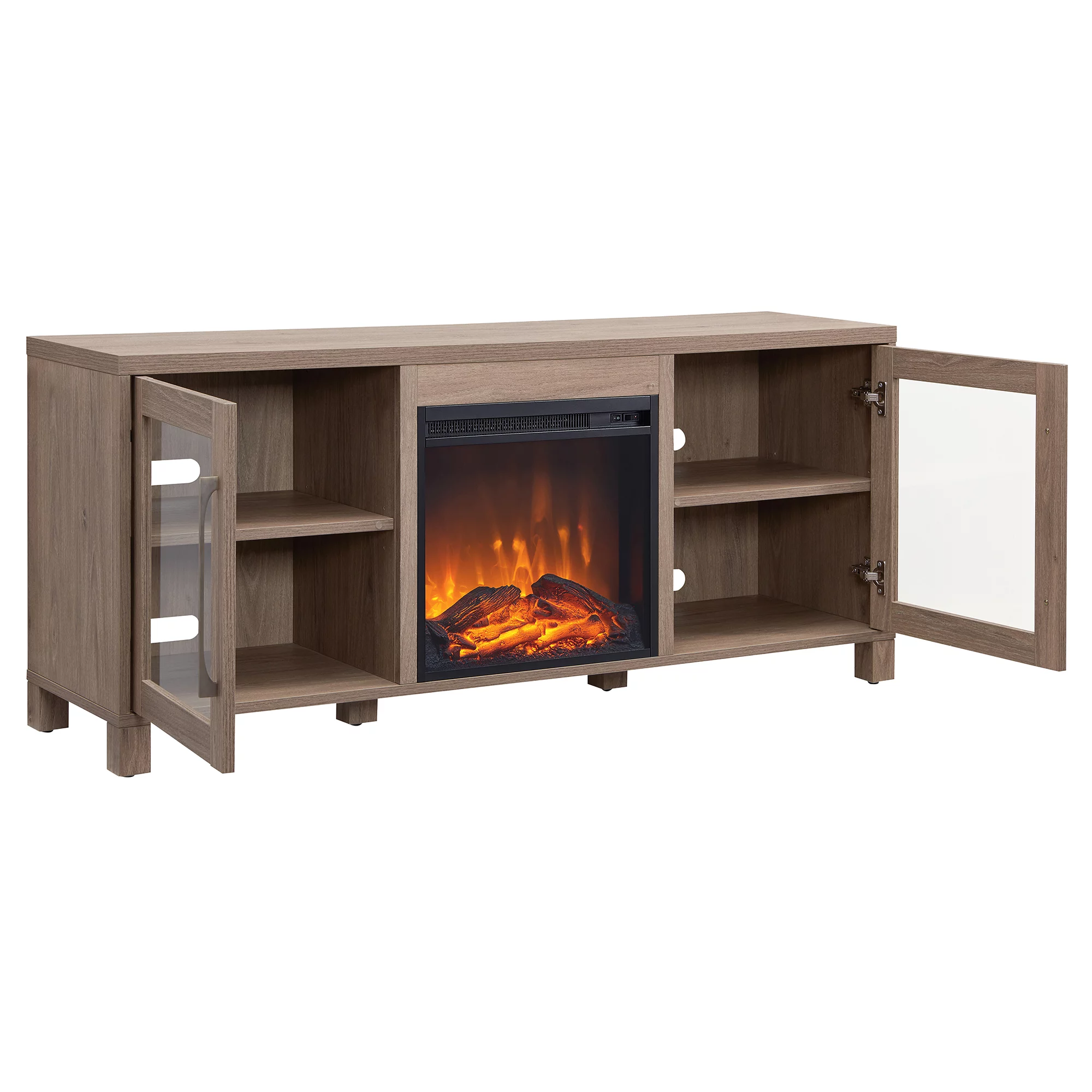 Evelyn&Zoe Quincy Rectangular TV Stand with Log Fireplace for TV's up to 65", Antiqued Gray Oak