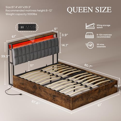 YITAHOME Queen Size Lift Up Bed with Charging Station & RGB LED Lights, PU Leather Upholstered Platform Storage Bookcase Headboard Bed