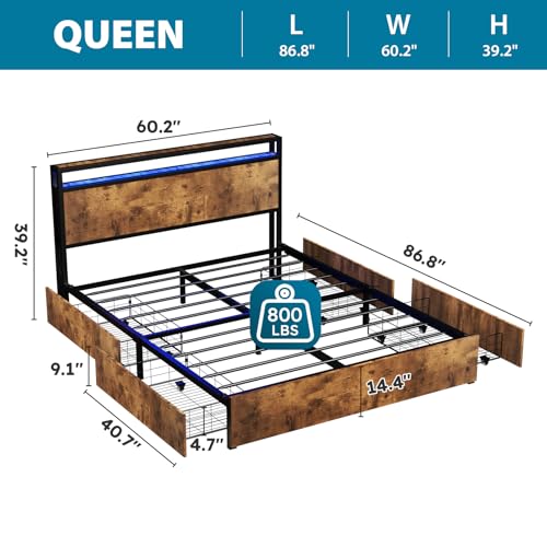 Queen Size Bed Frame with 4 Storage Drawers, LED Platform Bed with Headboard, Built in Charging Station, Noise Free, Stable and Solid
