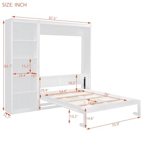 Harper & Bright Designs Full Size Murphy Bed Wall Bed with Storage Shelves, Drawers and LED Lights