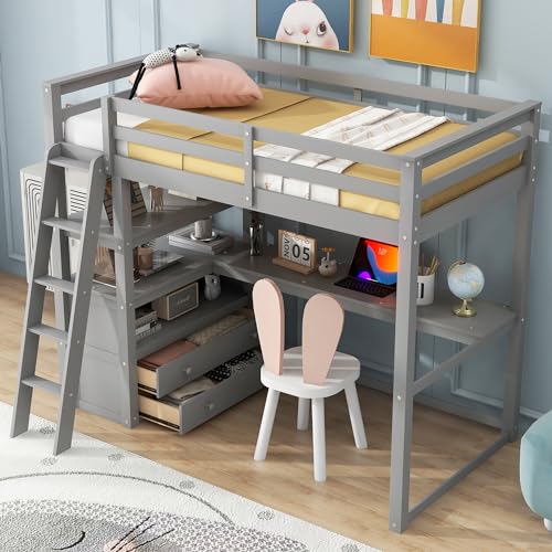 Full Size Loft Bed with Desk & Wardrobe, Solid Wood Kids Loft Bedframe w/3 Storage Drawers & 2 Shelves, Maximum Space Design, for Bedroom, Dorm, Gray