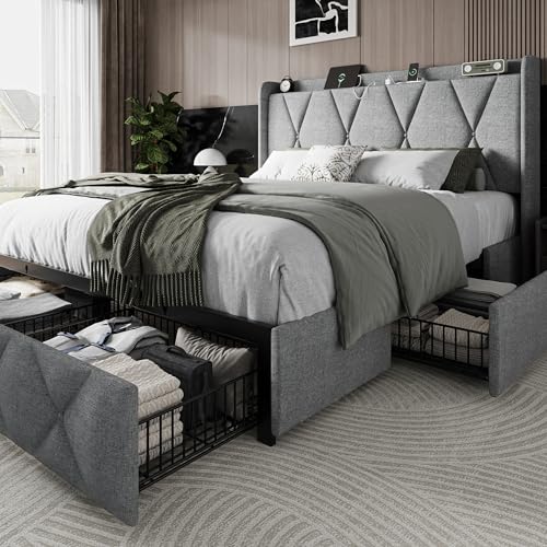Queen Bed Frame with 4 Storage Drawers and Charging Station, Upholstered Platform Bed Frame with Storage Headboard, No Box Spring Needed