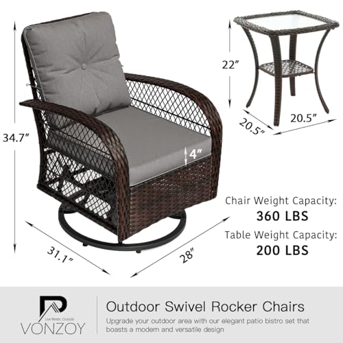 3 Pieces Patio Furniture Set, Outdoor Swivel Glider Rocker, Wicker Patio Bistro Set with Rocking Chair, Thickened Cushions and Table for Porch (Blue)