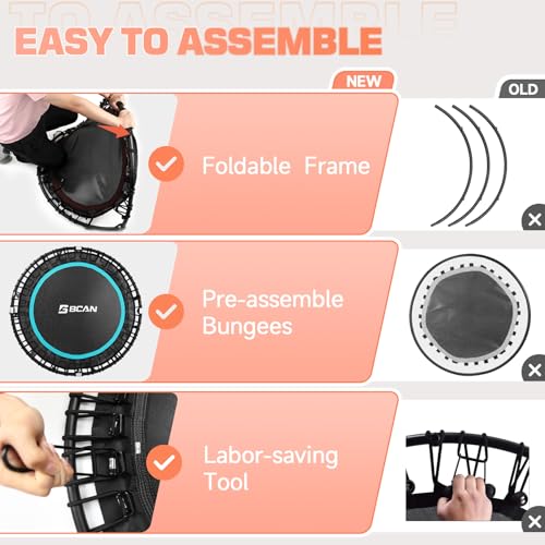 BCAN 450/550 LBS Foldable Mini Trampoline, 40"/48" Fitness Trampoline with Bungees, U Shape Adjustable Foam Handle
