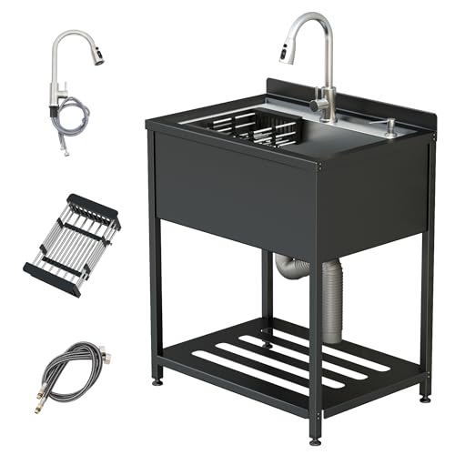 Stainless Steel Utility Sink, 30.8" × 22" × 39.5"Freestanding Sink with Cold and Hot Water Faucet,Hoses and Drain Kit for Kitchens, Bathrooms, Garage