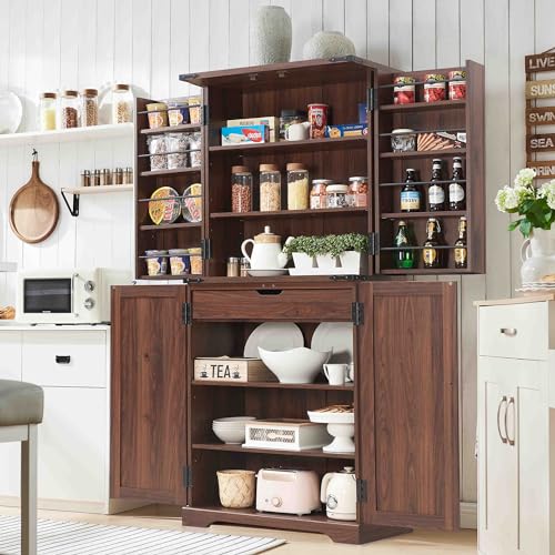 72" Tall Kitchen Pantry, Farmhouse Storage Cabinet with Barn Doors, Organizer, Drawer and Adjustable Shelves, Rustic Wood Cupboard for Kitchen