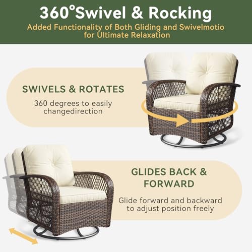 Aoxun 3 Pieces Patio Furniture Set, Patio Swivel Rocker Chairs Set of 2, Wicker Outdoor Bistro Set with Rocking Chair