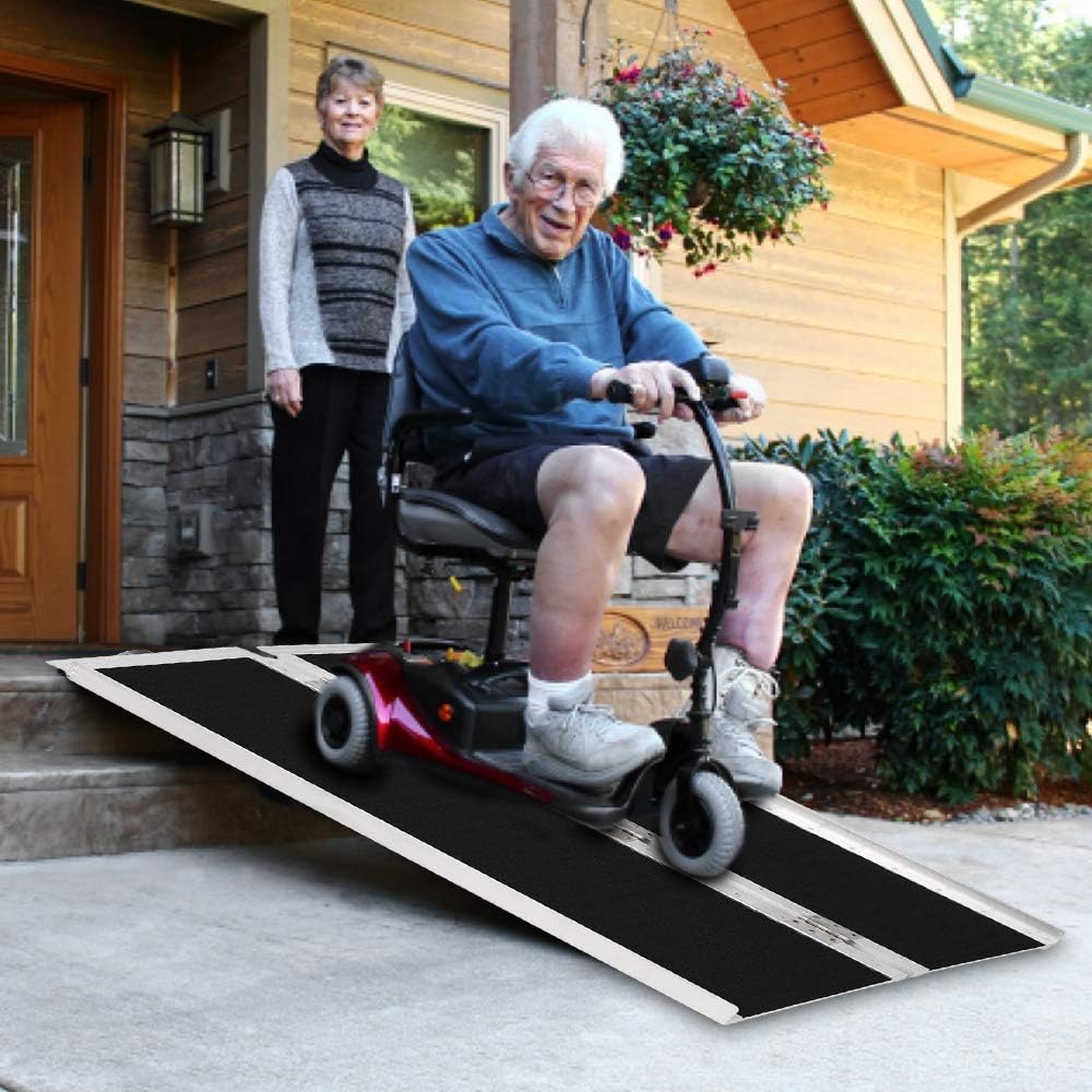 OMECAL 4' Wheelchair Ramp Threshold Portable Ramps 4ft for Home Steps Doorway Stairs Aluminum Handicap Metal House Mobile Porch Temporary Multifold