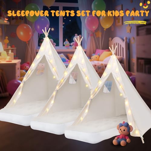 6 Pack Teepee Tent for Kids [Thickened] with Light String and Inflatable Airbed, Slumber Party Tents