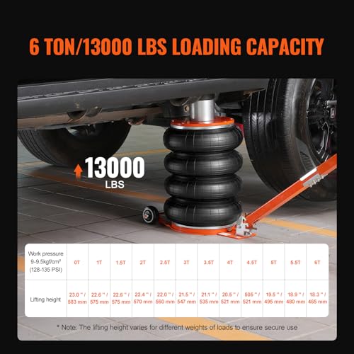 VEVOR Air Jack, 6 Ton/13000 lbs Quadruple Bag Air Jack, Lift up to 26.5", with Heightened Column & Adjustable Handle, Thick Rubber Pad