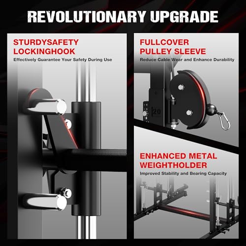 M21 Smith Machine, Multi-Function Power Cage with Dual Pulley Cable Crossover System, 2000LBS All-in-One Squat Rack with Smith Bar and Attachments