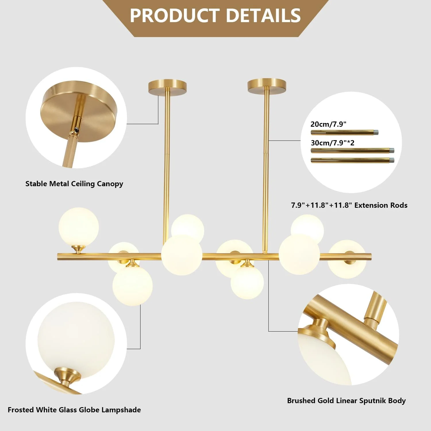 WANHUI Modern Gold Globe Sputnik Chandelier Mid Century Brass Linear Chandelier 10-Lights Frosted White Glass Ball Pendant Light Ceiling Lamp Dining