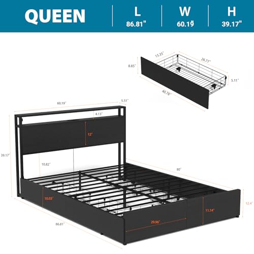 Full Size Bed Frame with Headboard, LED Platform Bed with 4 Storage Drawers, Built in Charging Station, Noise-Free, Metal Support Base