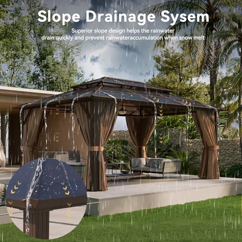 Aoxun 12'x10' Hardtop Gazebo, Aluminum Frame Permanent Pavilion with Curtains and Netting, Outdoor Polycarbonate Double Roof Canopy