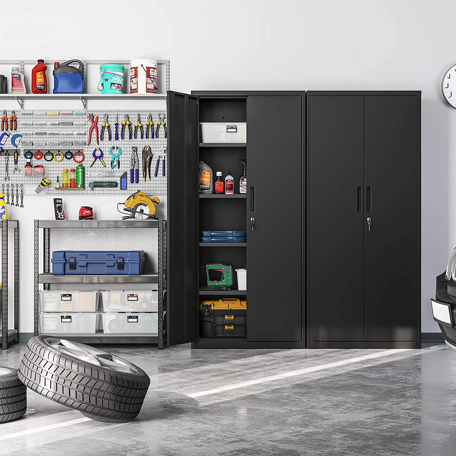 SONGMICS Garage Cabinet Metal Storage Cabinet with Doors and Shelves Office Cabinet for Home Office Garage Black