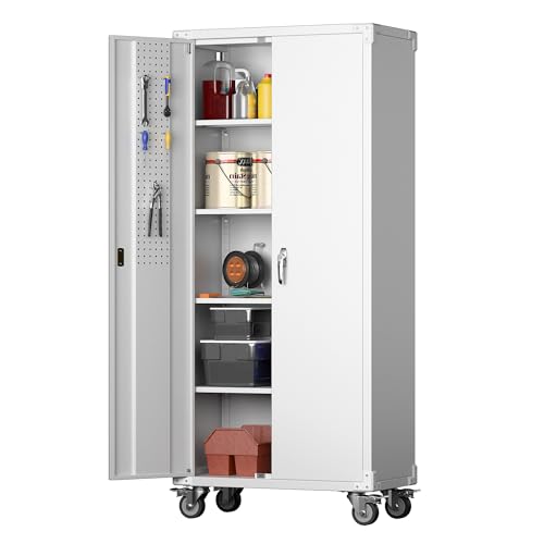 Metal Storage Cabinet with Wheels, 73" H Rolling Garage Cabinets with Locking Doors and Adjustable Shelves for Home Office, Basement, Pantry, Workshop