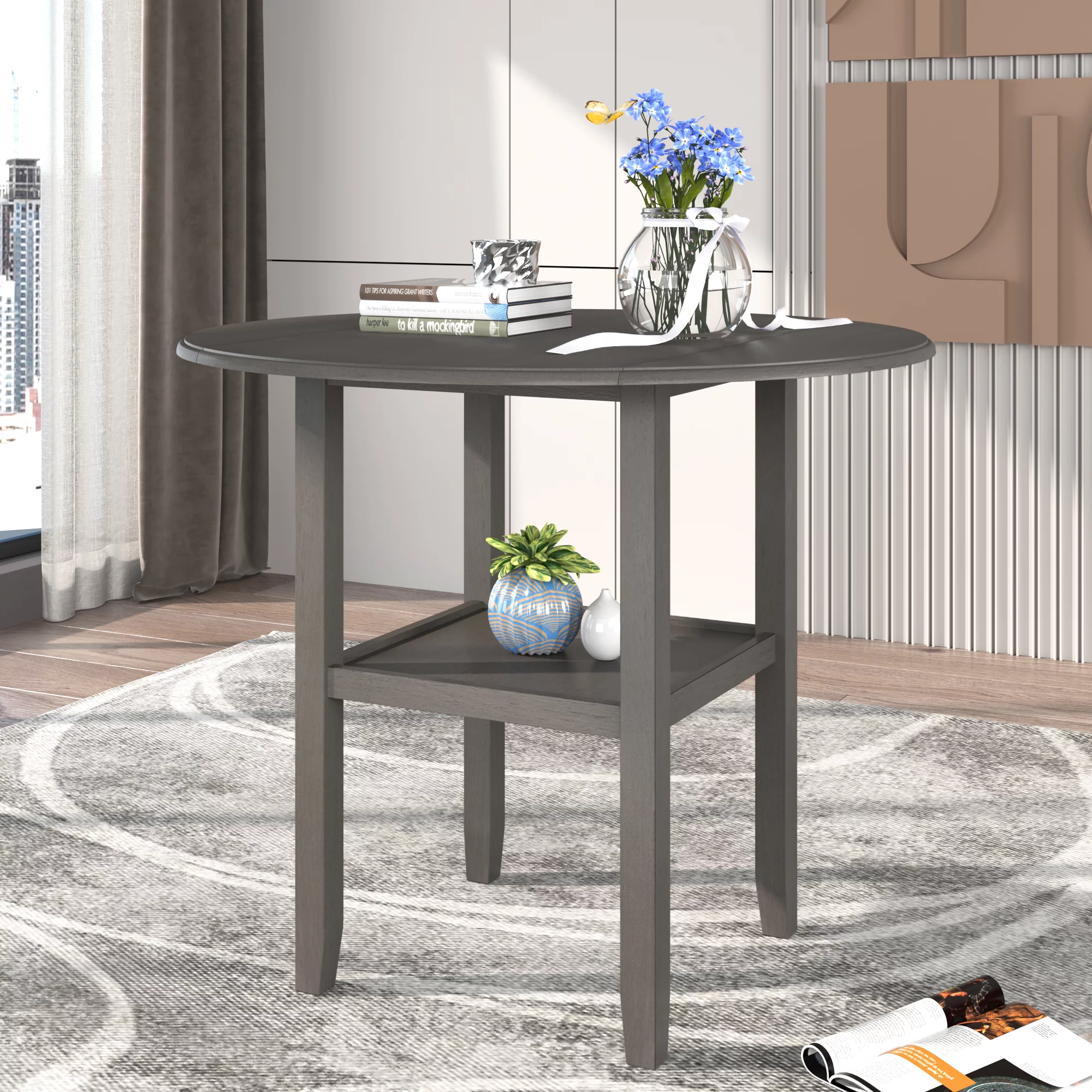 3 Piece Kitchen Nook Dining Table Set, Wooden Drop Leaf Table and 2 Dining Chairs, Counter Height Dining Set with Storage, Gray, D8315