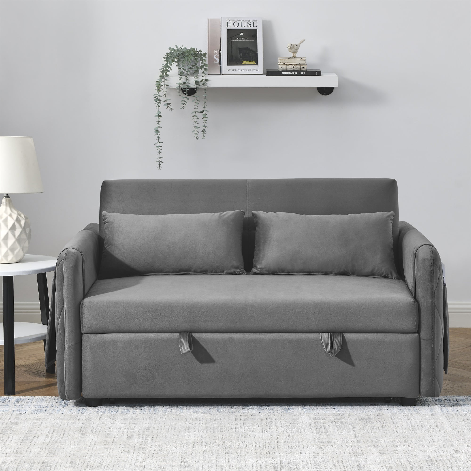 Ufurpie 55"L Modern Velvet Pull Out Sofa Bed,Convertible Velvet Sleeper Sofa Bed with Adjustable Backrest&2 Pillows,Gray