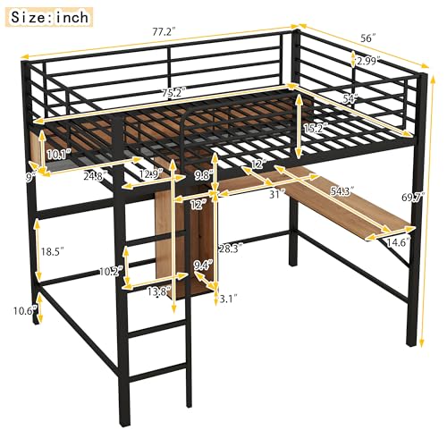 Harper & Bright Designs Twin Size Metal Loft Bed with Desk, Ladder and Guardrails, for Kids Teens Adults – Silver