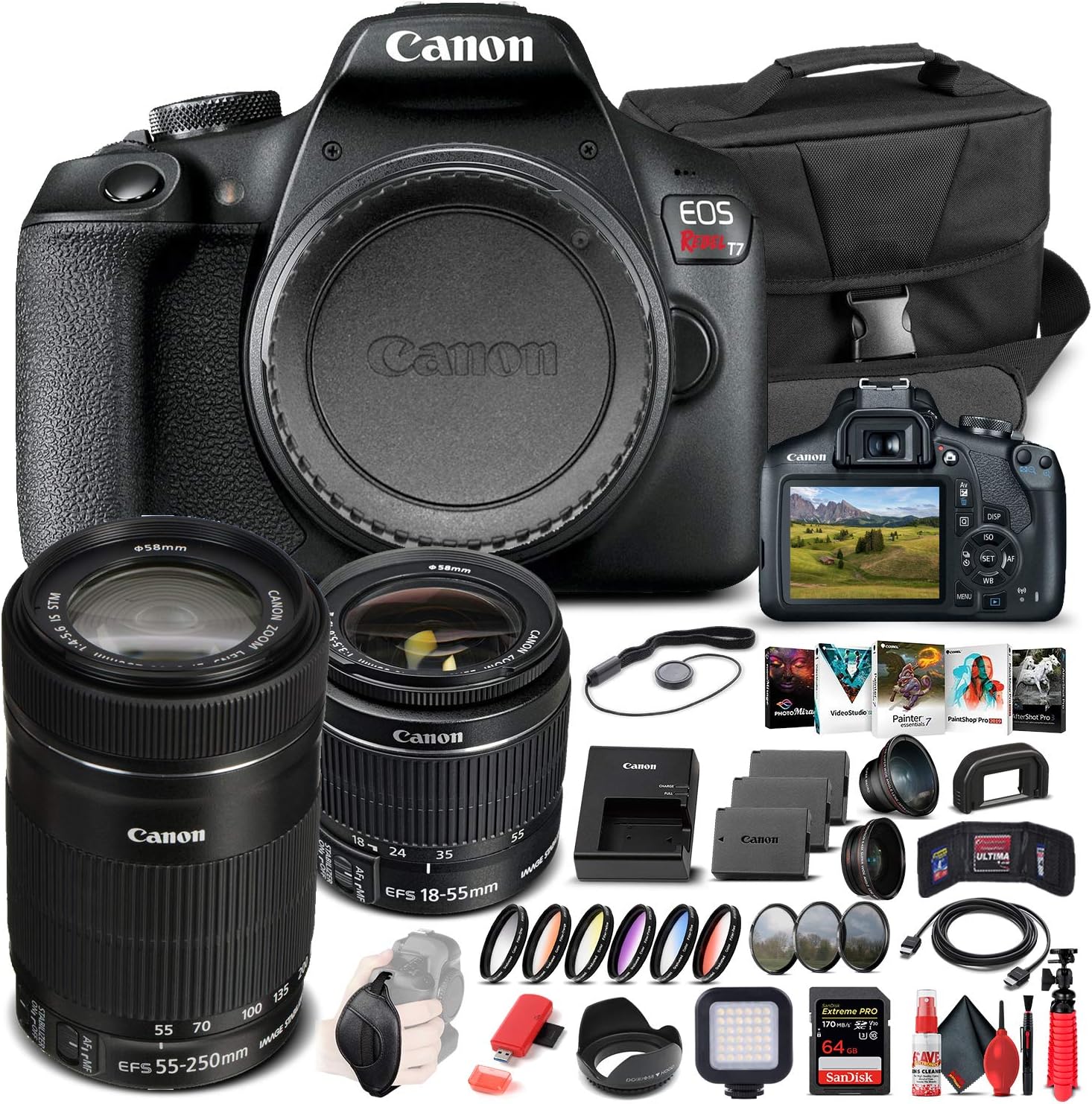 Canon EOS Rebel T7 DSLR Camera with 18-55mm Lens (2727C002) + EF-S 55-250mm Lens + 64GB Memory Card + Case + Corel Photo Software + 2 x LPE10 Battery