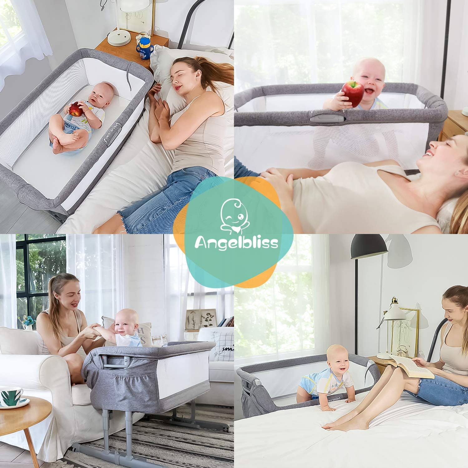 Angelbliss Beside Me Dreamer 3-in-1 Baby Bassinet u0026 Bedside Sleeper with Cradle Mode,Portable Co-Sleeping Crib with 10 Heigh