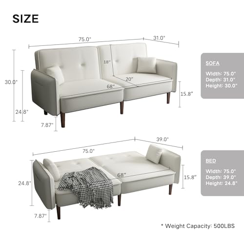 Modern Upholstered Convertible Futon Sofa Bed with Storage Pockets and 2 Pillows