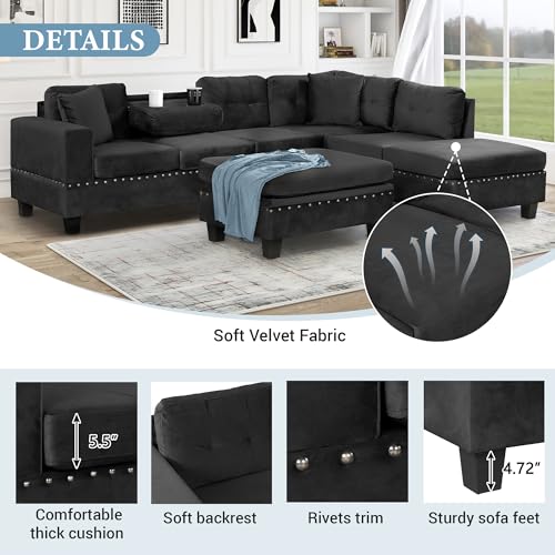 Merax Modern Sectional Sofa with Storage Ottoman, L Shaped Couch with 2 Pillows and 2 Cup Holders