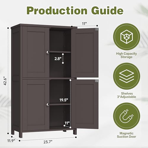 Nuturelly Freestanding Pantry Cabinets, Kitchen Floor Storage Cabinet with 4 Doors & 3 Adjustable Heights