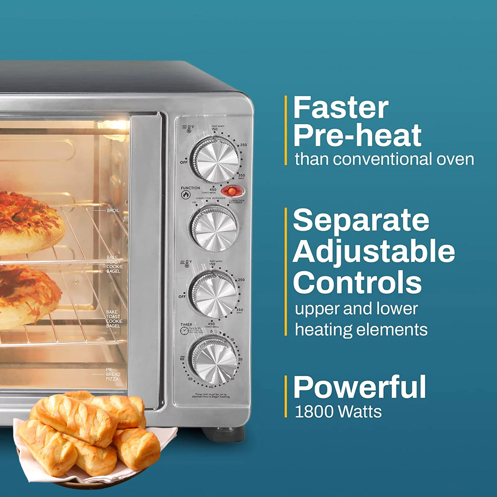 18-Slice Countertop Convection Oven - With 4-Control Knobs - Bake Broil Toast Rotisserie (Stainless Steel)