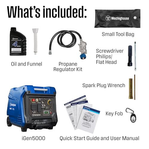 Westinghouse Outdoor Power Equipment 5000 Peak Watt Super Quiet Portable Inverter Generator, Remote Electric Start with Auto Choke