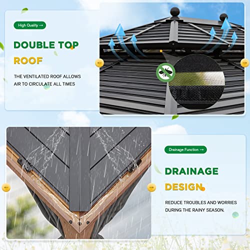 EROMMY 12'x20' Hardtop Gazebo Double Roof Galvanized Steel Canopy Outdoor Aluminum Frame Permanent Metal Pavilion with Netting and Curtains for Patio