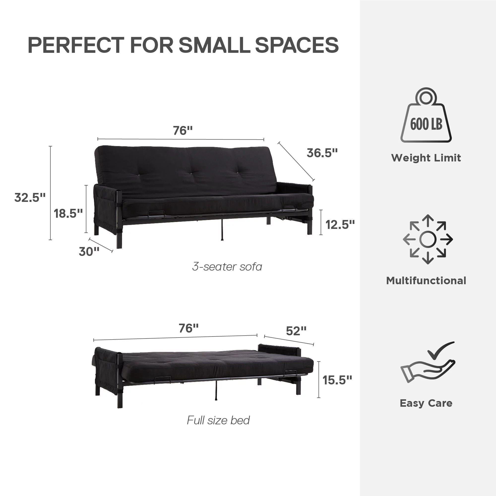DHP Fairview Futon Set with Black Metal Frame, 6" Mattress and Storage Pockets, Black