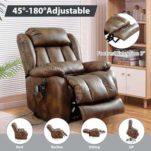 EDILLY Large Genuine Leather Power Lift Recliner Chairs for Elderly, Dual Motor with Massage and Heating,Double Lumbar Cushion and Extended Footrest