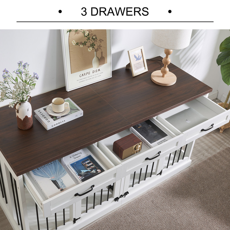63'' Dog Crate Furniture, Furniture Style Dog Crate Table with 3 Drawers and Removable Divider