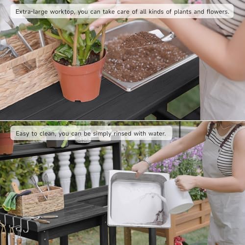 Potting Bench, Outdoor Potting Bench Table with Removable Sink, HDPS Potting Benches for Outside, Garden Table with Storage Shelves & 4 Side Hooks