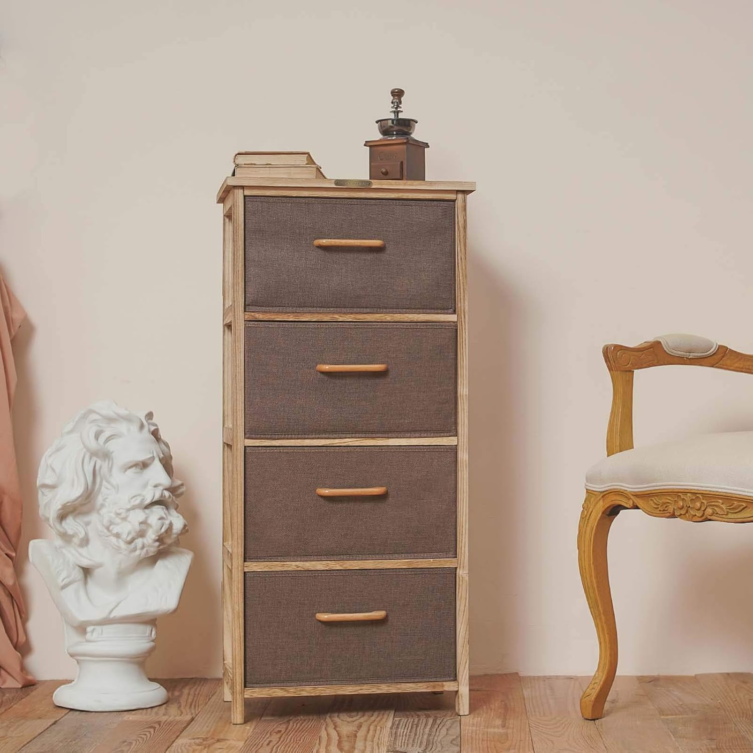 Wooden Dresser Storage Tower,Rustic Retro 4 Drawer Vertical Fabric Storage Unit for Bedroom, Hallway, Entryway, Closet,Nursery Room,Bathroom,Brown