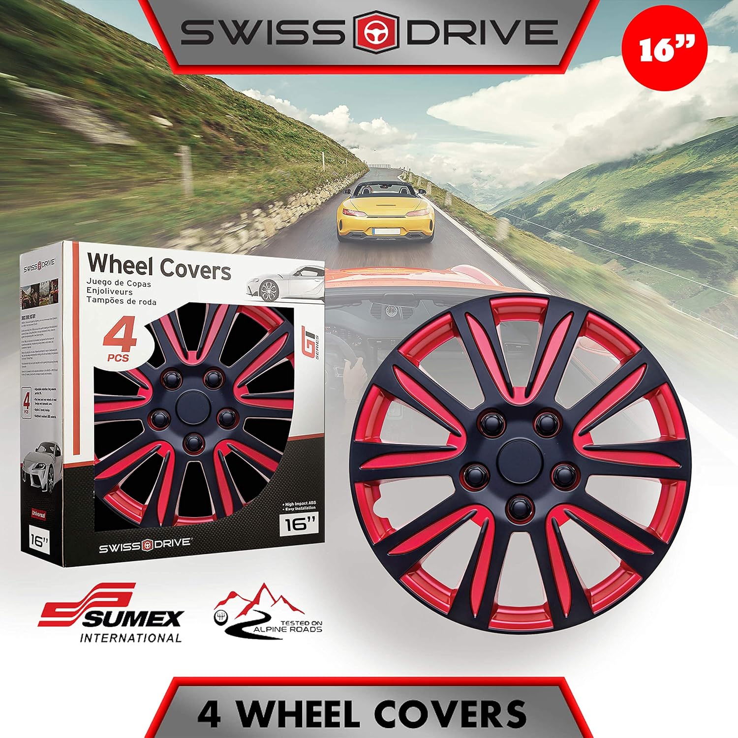 Swiss Drive HubCap 16-Inch Red Black Set of 4- Luxurious Red and Black Design – Durable and Reliable