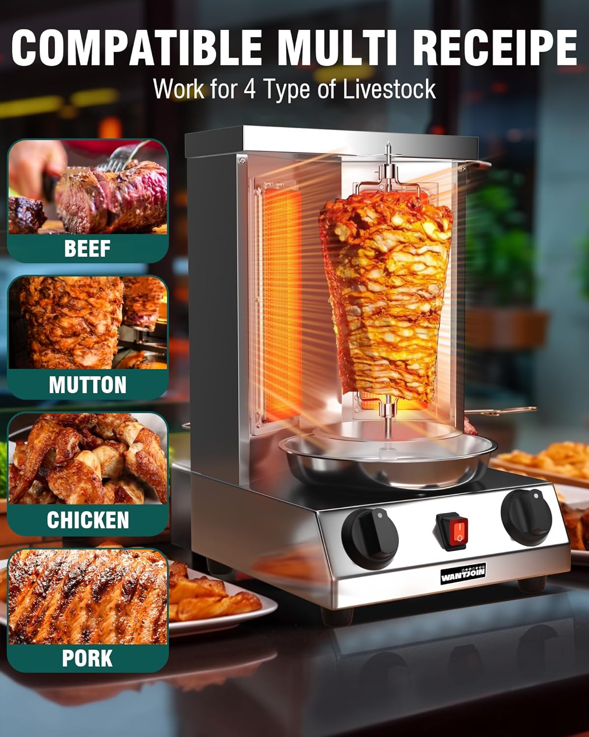 WantJoin Shawarma Grill Machine, Gas Vertical Rotisserie with 2 Burners for Home, Countertop Rotating Doner Kebab Oven Broiler Gyro Maker with Shovel
