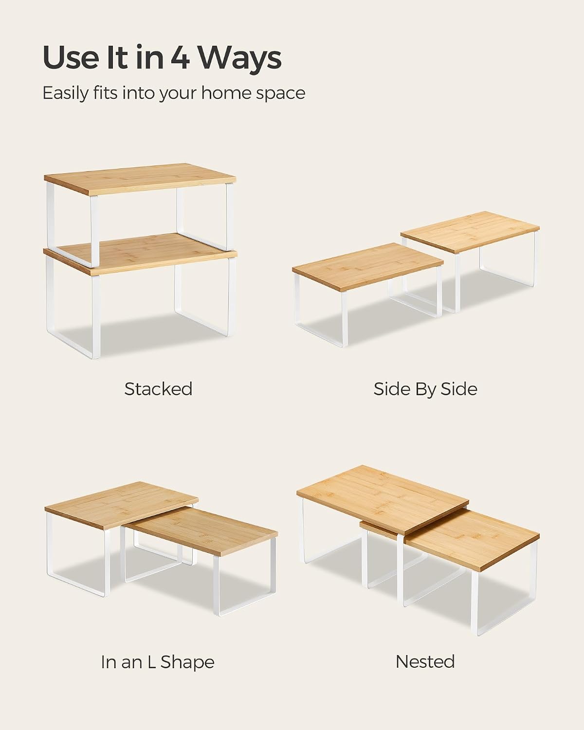SONGMICS Cabinet Organizer Shelf, Set of 4 Kitchen Counter Shelves, Kitchen Storage, Spice Rack, Stackable, Expandable, Metal and Engineered Wood