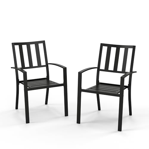 PHI VILLA Stackable Wrought Iron Patio Dining Chairs - Set of 2 Black Outdoor Chair Bistro Metal Chairs, Support 300 LBS