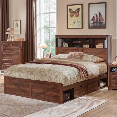 Queen Size Wood Bed Frame Farmhouse with 52" Tall Storage Bookcase Headboard, LED Light,Charging Station,4 Drawers and Solid Wood Slats Support