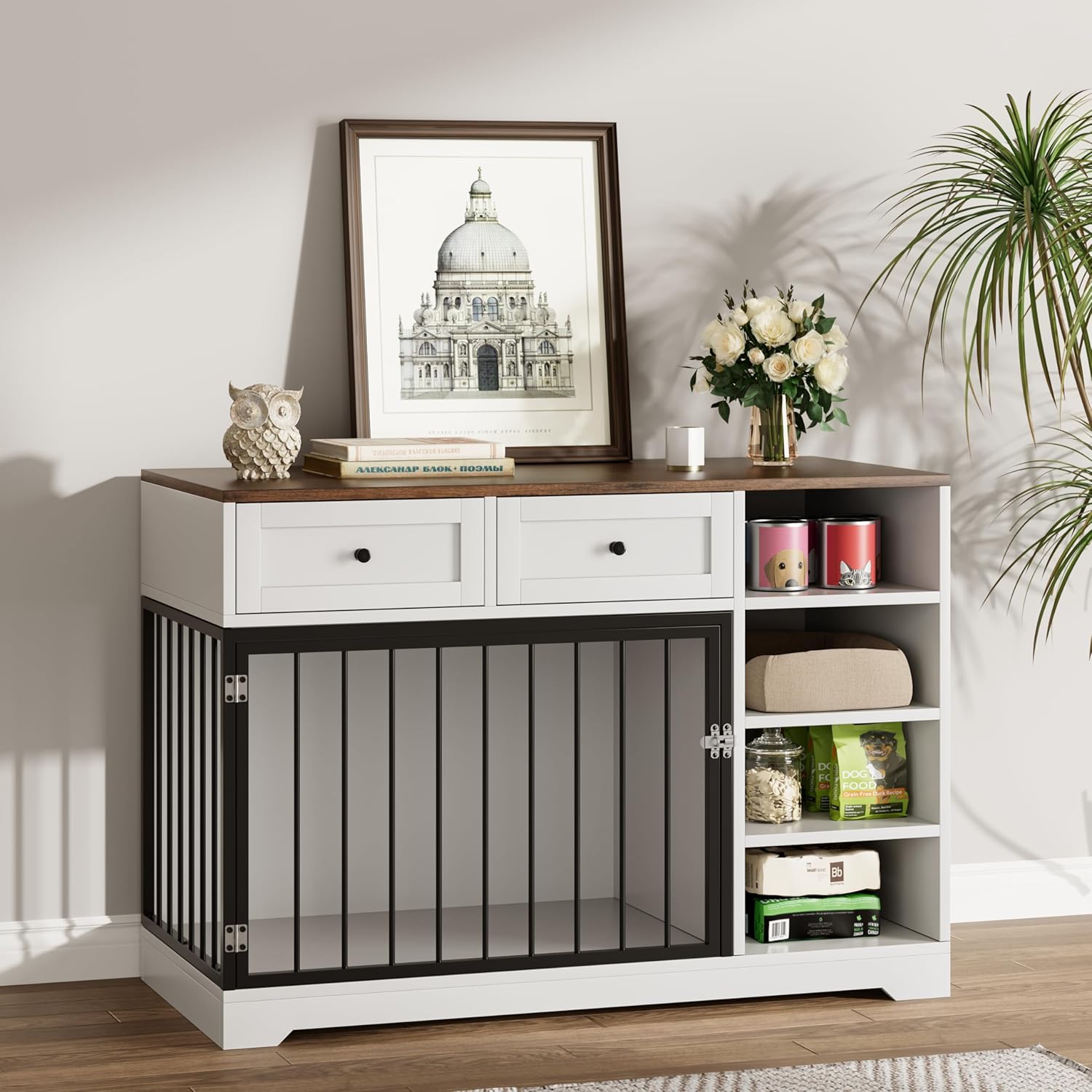 IDEALHOUSE Large Dog Crate Furniture, 47” Dog Crate with 2 Drawers and 4 Shelves, Heavy Duty Wooden Dog Crate