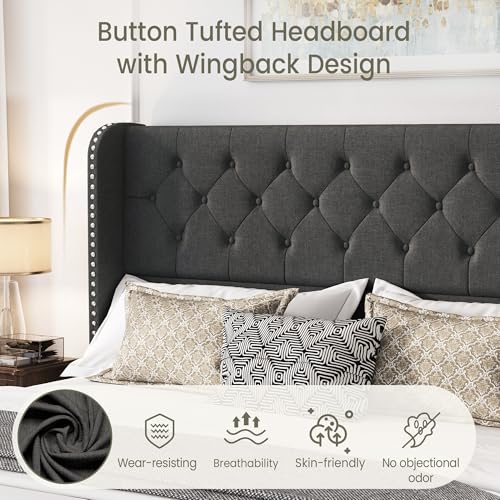 King Size Bed Frame with 4 Storage Drawers and Tufted Headboard Linen Upholstered Platform Bed Frame Wingback Beds with Wooden Slats Support