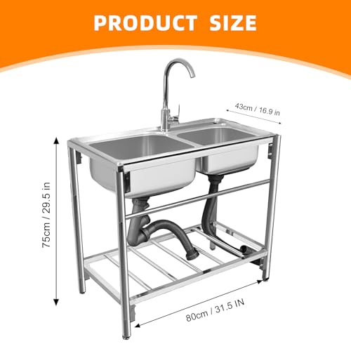 Outdoor Utility Sink Stainless Steel Double Bowl Free Standing Commercial Restaurant Kitchen Sink with Hot and Cold Faucet for Laundry,Garage