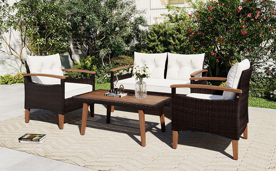 Churanty Patio Conversation Set, 4-Piece Outdoor Garden Furniture Set, Patio Seating Set, PE Rattan Outdoor Sofa Set, Wood Table and Legs