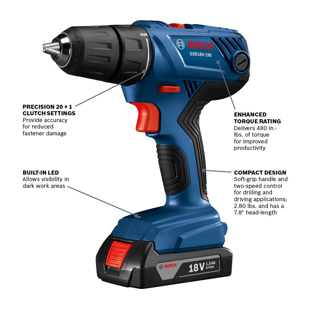 Bosch GSR18V-190B22 18-Volt 1/2x22 Cordless Drill/Driver Kit