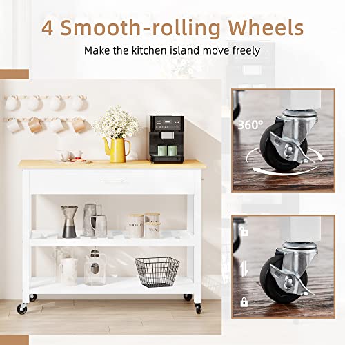 Shintenchi Rolling Kitchen Island Cart with Folding Drop Leaf Breakfast Bar, Portable Trolley Island with Large Storage Cabinet, Shelf and Drawer