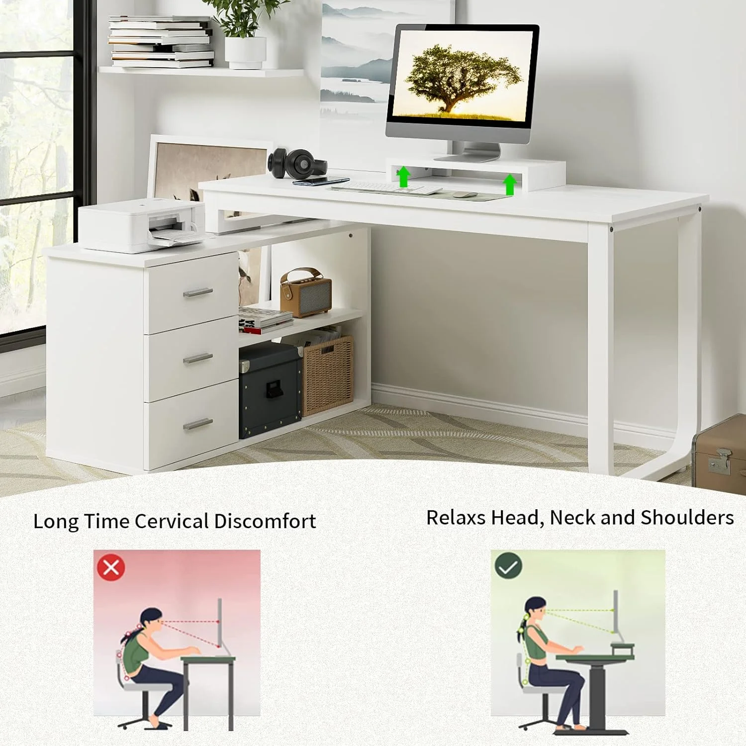 White L Shaped Desk with  Drawers  55 inch Reversible L Shaped Desk with 2 Shelves and Monitor Stand  L Shaped Computer Desk with  Cabinet for Small