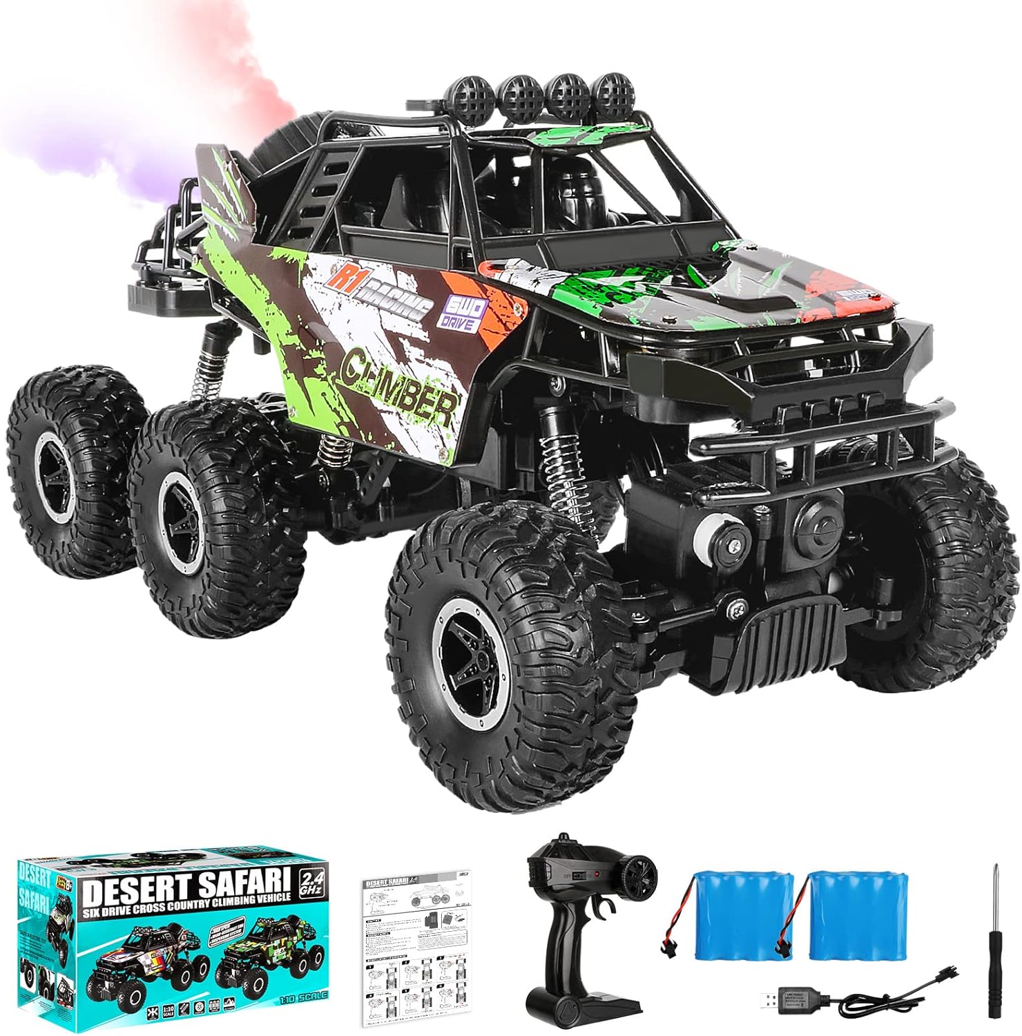 1/10 Scale Large RC Truck 2.4Ghz Remote Control Car with Color LED Mist Spray-6x6 Off-Road Remote Control Monster Truck for 40+ Min Play-All Terrains